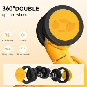 Yellow dumbbell with black spinner wheels on a beige background, featuring text and icons about features.