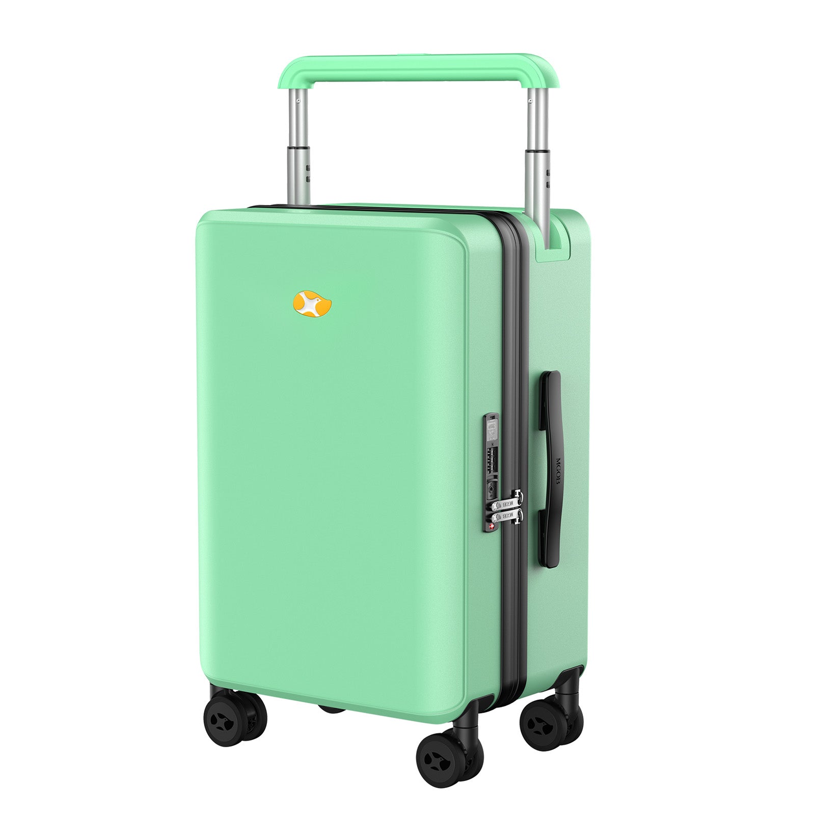 Green suitcase with a handle on a white background
