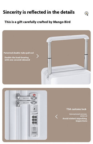White suitcase with TSA lock and detailed features on a beige background, branded by Mango Bird.
