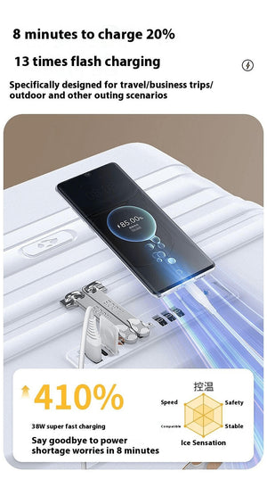 Fast charging device with smartphone on a white surface, text about charging speed and features.