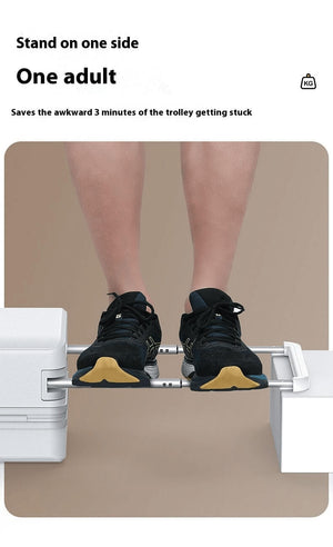 Person standing on a small platform with text indicating it saves time for trolley issues.