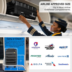 Black carry-on suitcase being placed into an airplane overhead bin by a cabin crew member.
