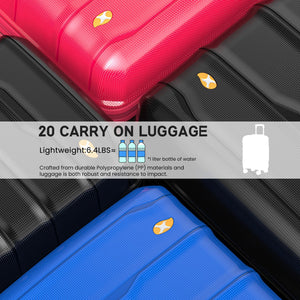 Top-down view of multiple hard shell suitcases in various colors including black and blue.