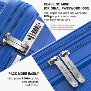 Blue suitcase with TSA-approved lock and SBS zippers, featuring text about security and ease of use.