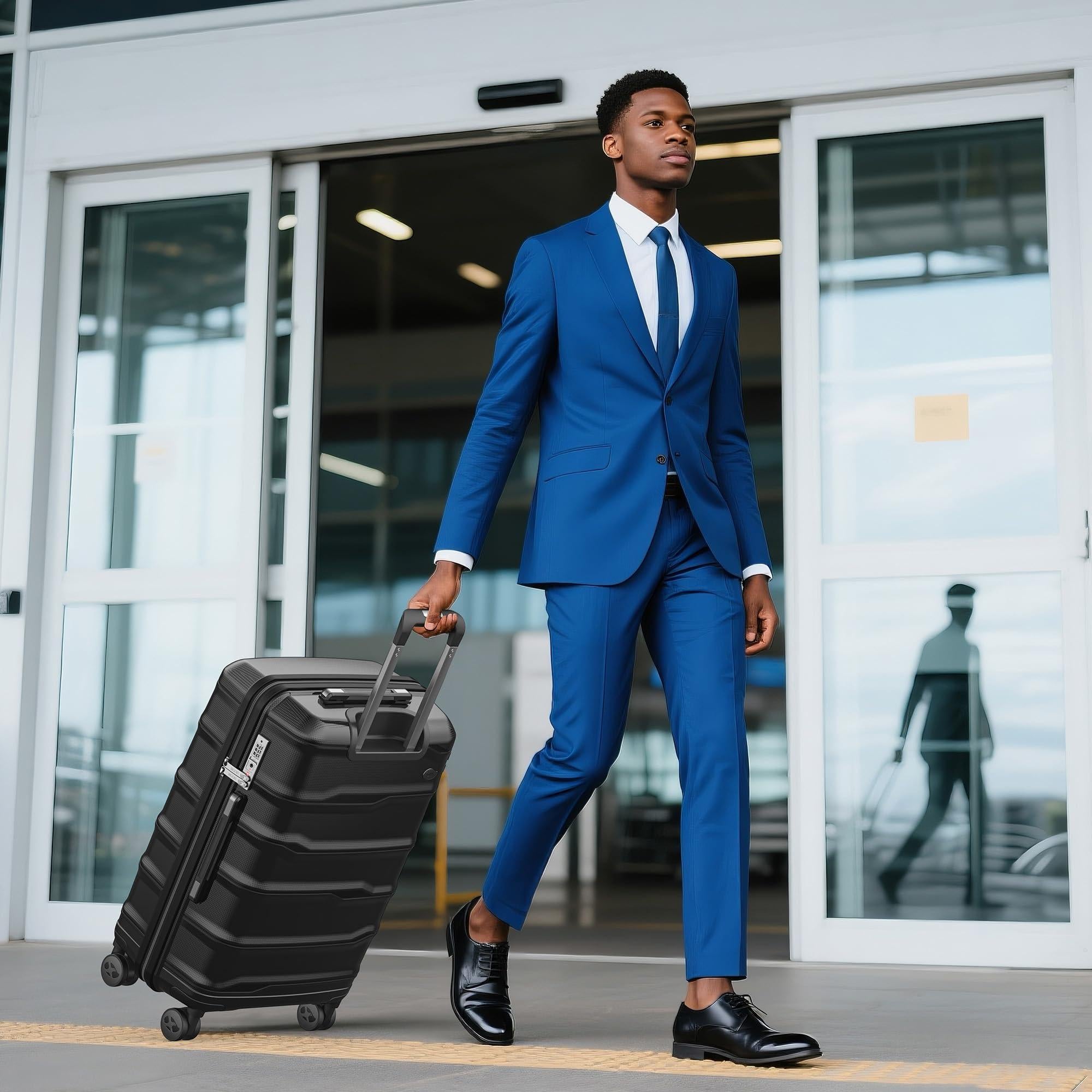 Traveller walking through an airport pulling a black hard shell medium check in suitcase.