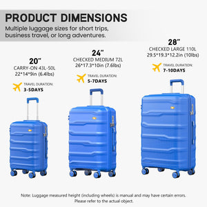 Blue luggage set with dimensions and travel duration information on a white background