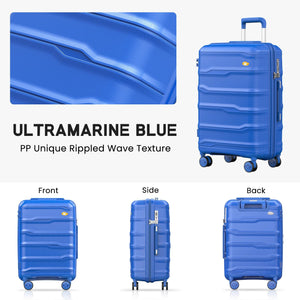 Blue suitcase with ruffled wave texture on a white background