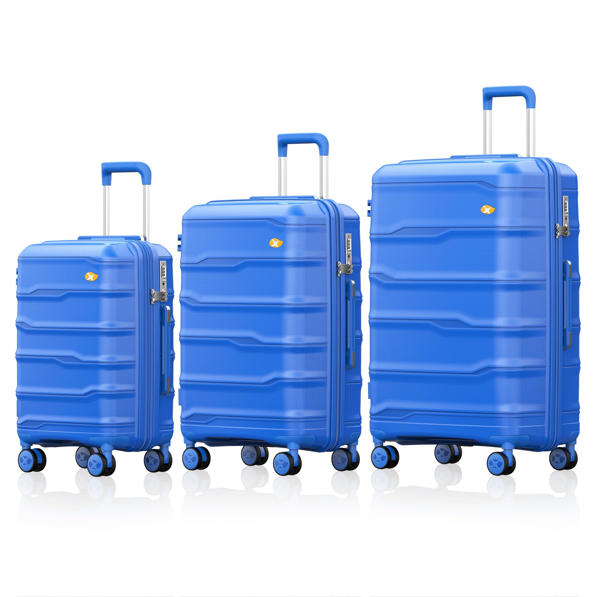 Three blue suitcases of different sizes on a white background