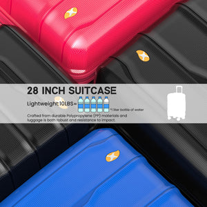 Two suitcases, one red and one blue, with text about a 28-inch suitcase's features.