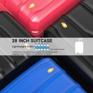 Two suitcases, one red and one blue, with text indicating size and material details.