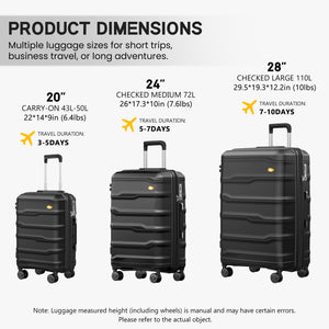 Three black suitcases with dimensions and travel duration information on a white background.