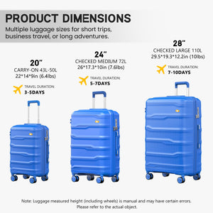Blue luggage set with dimensions and travel duration information on a white background