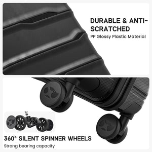 Black suitcase with durable material and 360-degree silent spinner wheels on a white background.