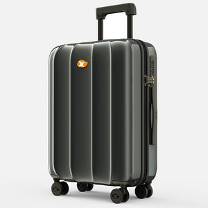 Black suitcase with a visible brand logo on a white background