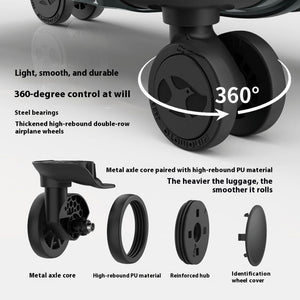 Detailed view of luggage wheels with text describing features on a light gray background