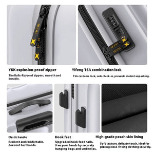 Luggage features including YKK zipper, TSA lock, handle design, hook feet, and lining material.