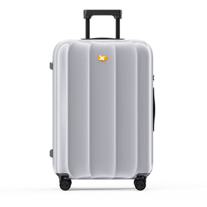 Silver suitcase with a visible brand logo on a white background