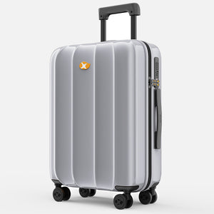 Silver suitcase with a handle and wheels on a white background