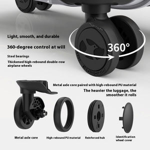 Detailed view of a luggage wheel with labeled parts and features on a light background