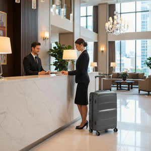 Black Fortiva 55cm carry-on suitcase at a hotel lobby check-in