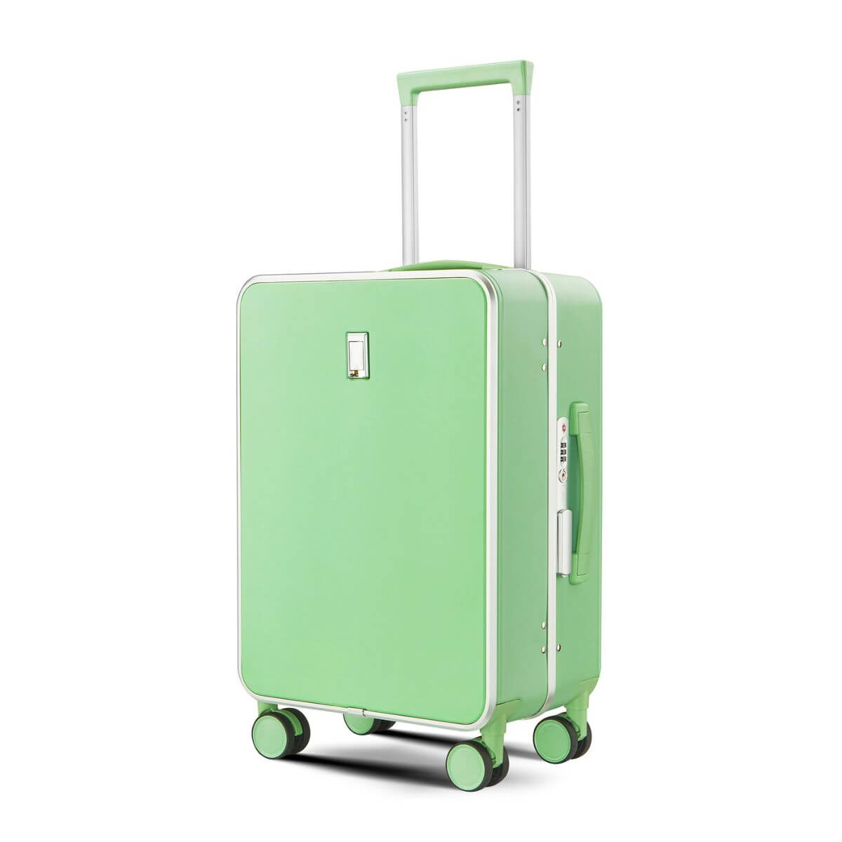 Nordiva Classic Mint Green hard shell suitcase with aluminium frame and spinner wheels – angled view for NZ travel.