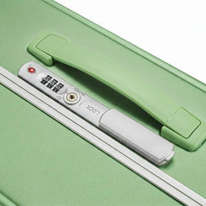 Close-up of TSA-approved combination lock on Nordiva Classic Mint Green suitcase – secure and travel-ready for NZ trips.