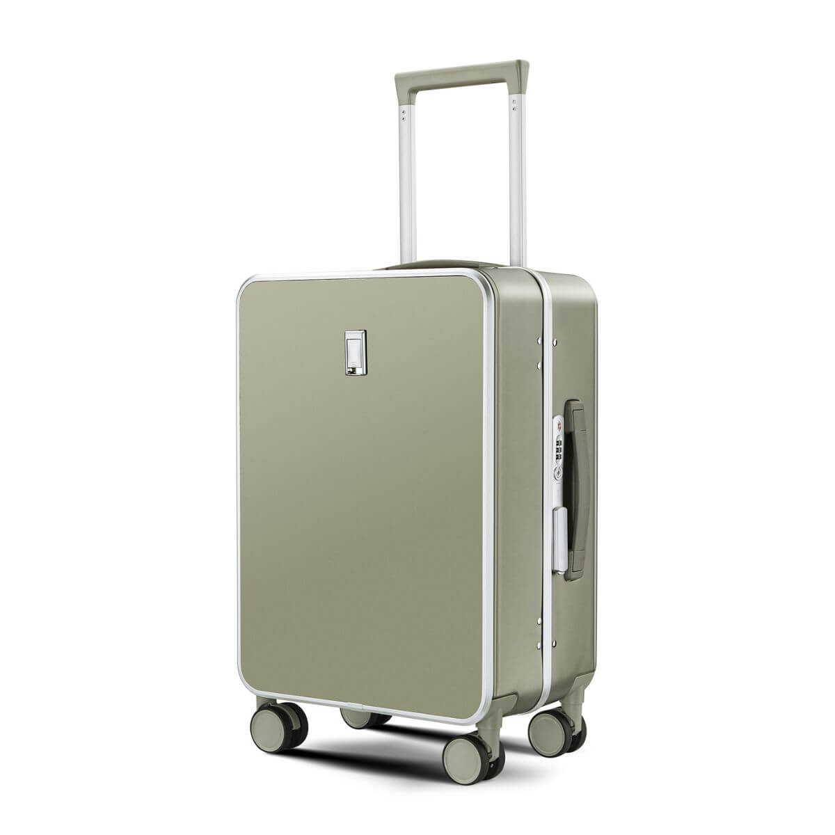 Angled view of Nordiva Classic Titanium Silver suitcase – minimalist hard shell travel luggage with spinner wheels.