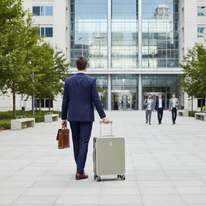Business traveller with Nordiva Classic Titanium Silver suitcase entering office building – stylish travel luggage for work.