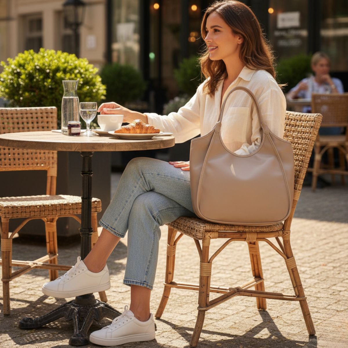 Urban Elegance Beige Large Leather Tote Bag