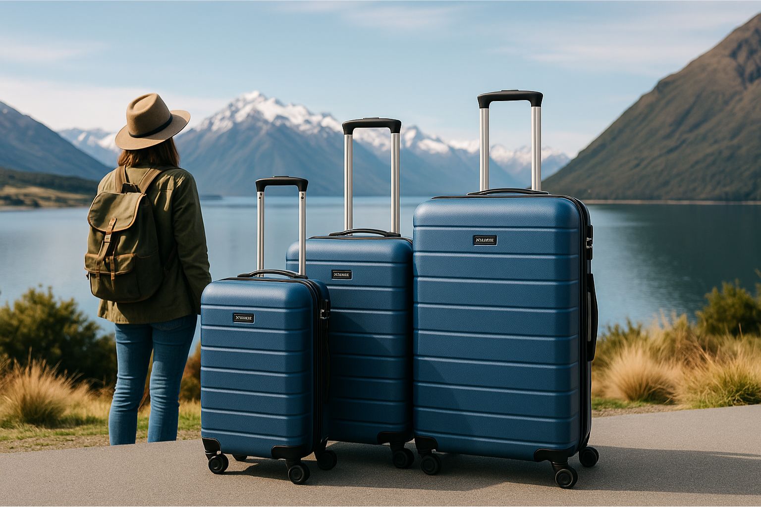 3 Piece Luggage Sets NZ by KiwiBag – Blue Hard Shell Suitcases beside Lake and Mountains