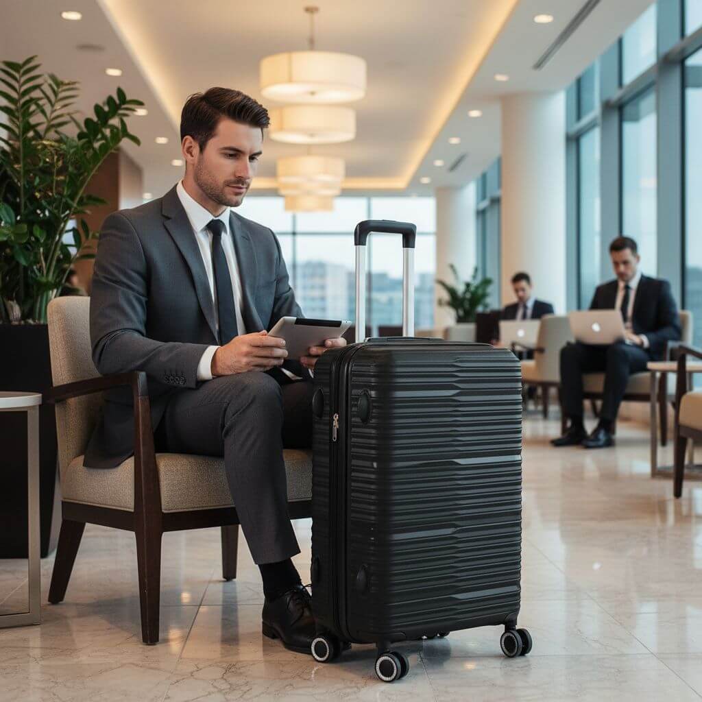 Large lightweight hard shell check-in luggage beside a traveller in a modern airport lounge.