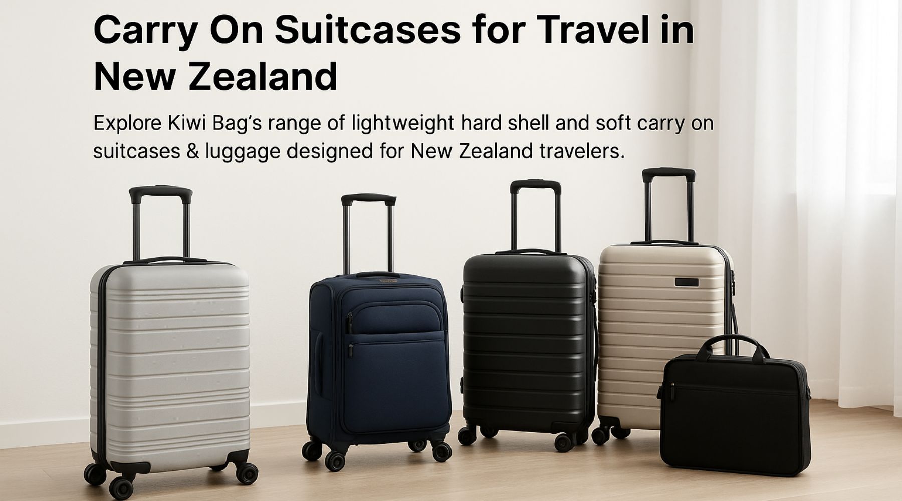 Kiwi Bag carry-on suitcases in various hard shell and soft shell designs, displayed together in a bright room. Modern travel luggage for New Zealand travellers.