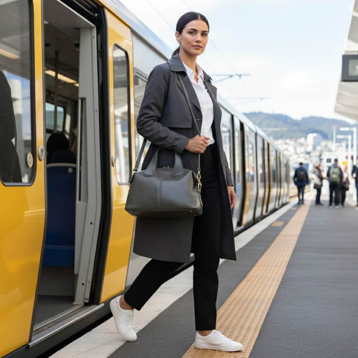 Woman with a gray handbag standing on a train platform