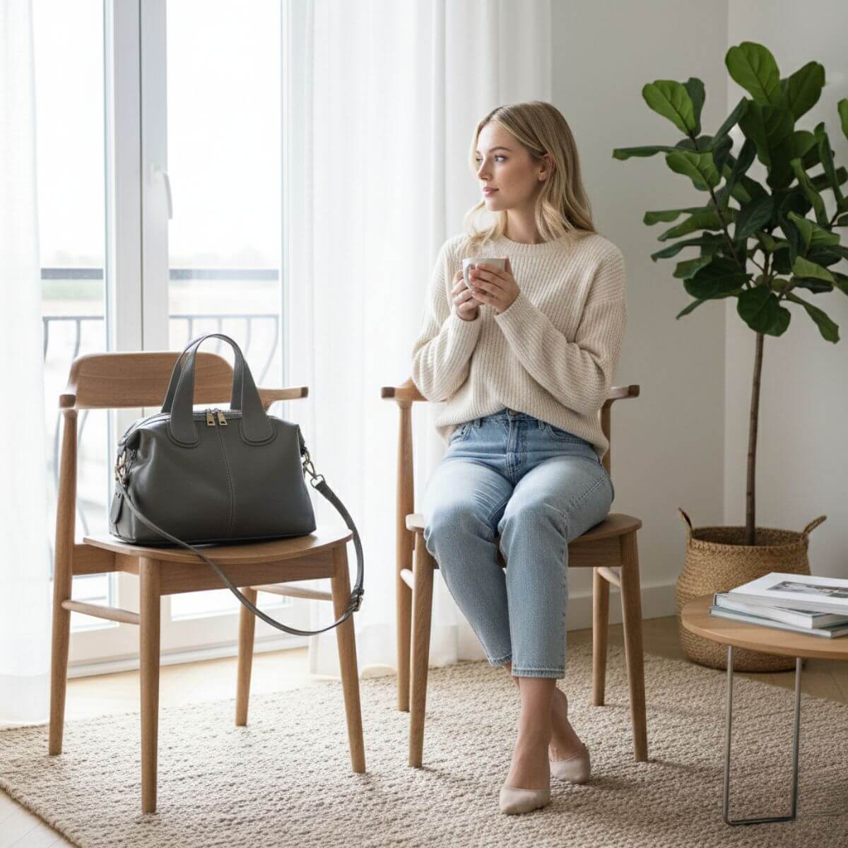 Woman sitting on a chair holding a cup in a bright room with a plant and handbag.