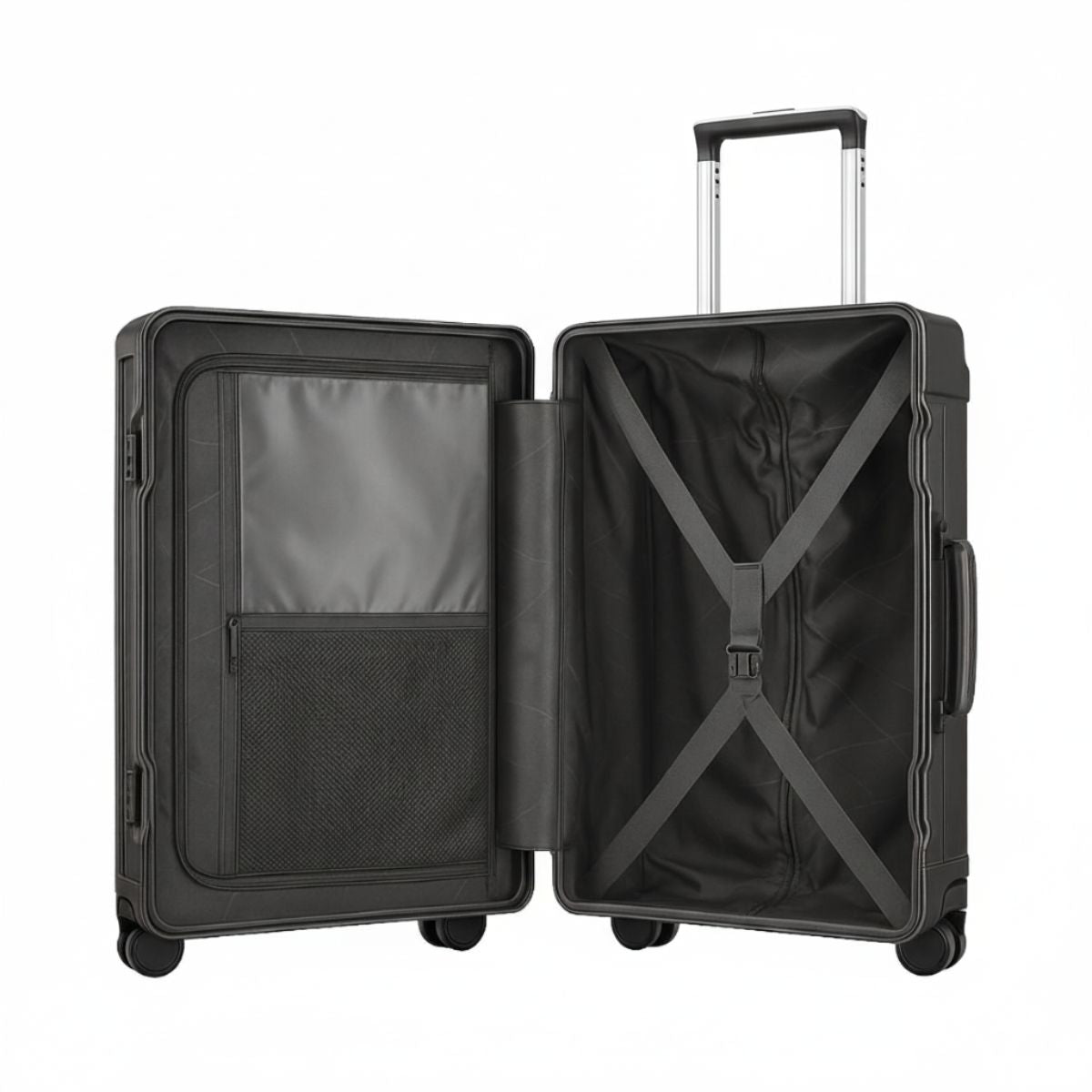 Open dark grey hard-shell suitcase showing interior mesh pockets, zipper divider, and cross-strap luggage organization.