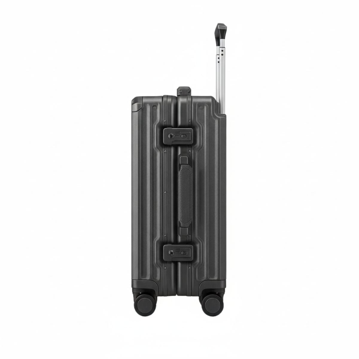 Side view of a dark grey hard-shell suitcase with dual TSA locks, spinner wheels, and an extended telescopic handle.