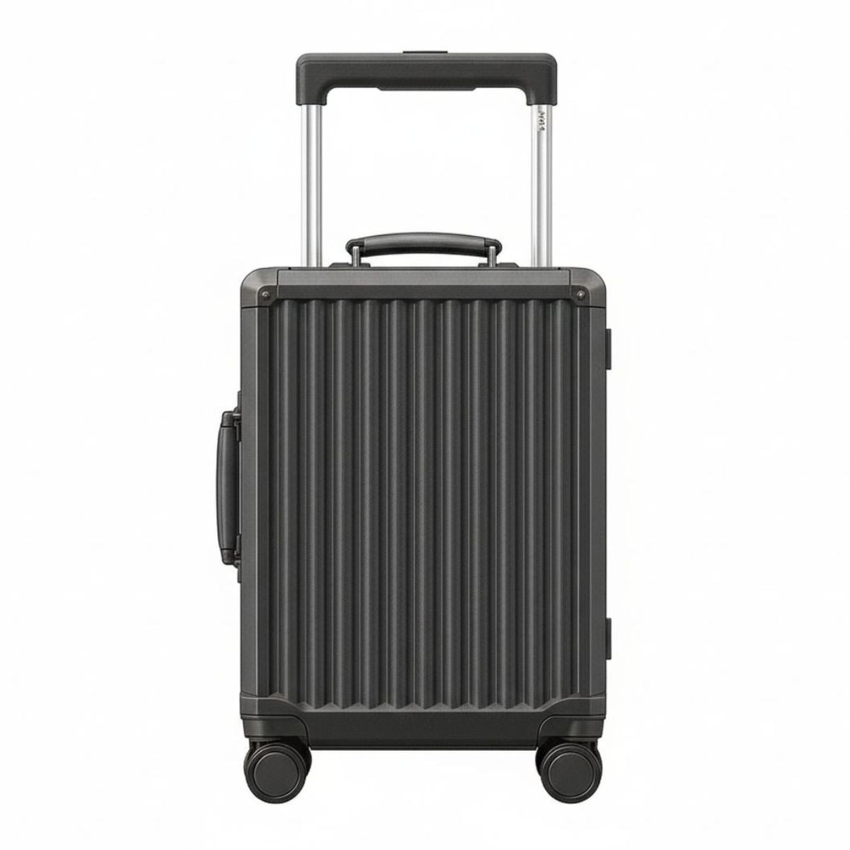 Front view of a dark grey hard-shell carry-on suitcase with vertical ridges, spinner wheels, and a telescopic handle.