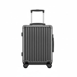 Front view of a dark grey hard-shell carry-on suitcase with vertical ridges, spinner wheels, and a telescopic handle.