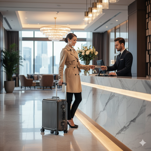 Woman checking in at a hotel reception while pulling a dark grey hard-shell suitcase with spinner wheels and a telescopic handle.