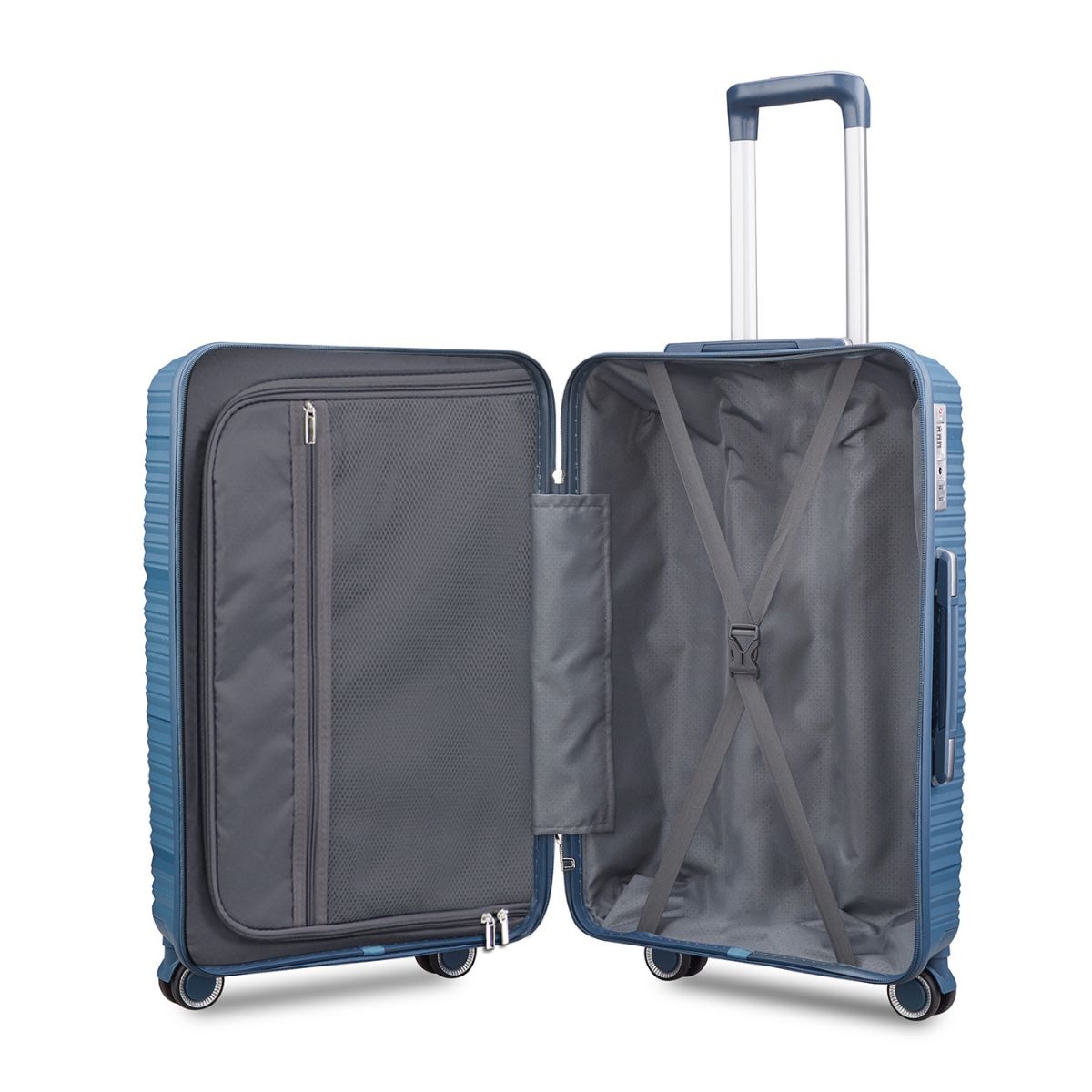 Blue hard-shell carry-on suitcase open view showing interior divider, mesh zip pocket, and cross-strap compartment.