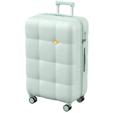 Mint green suitcase with a brand logo on a white background