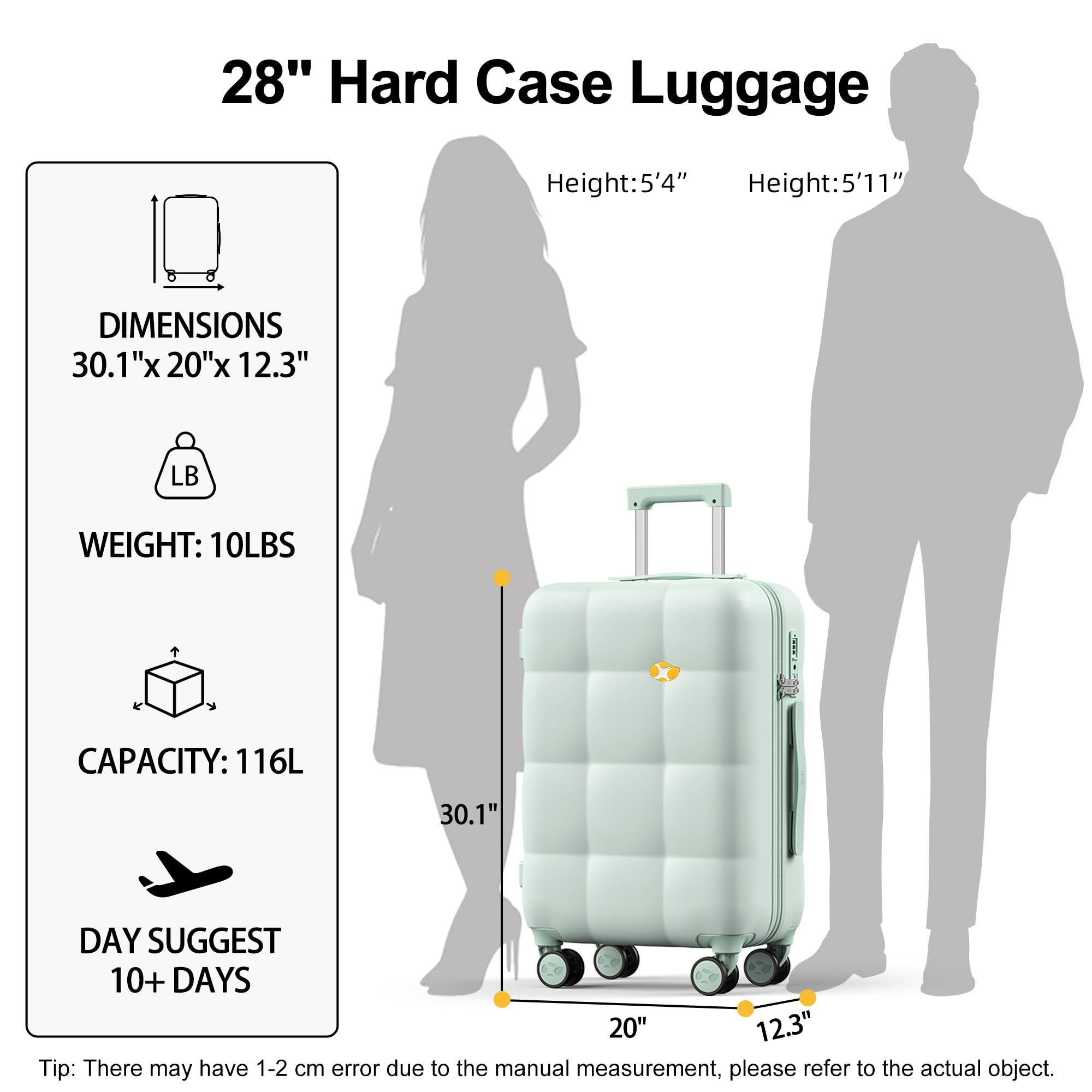 28-inch hard case luggage with dimensions, weight, capacity, and suggested usage duration displayed.