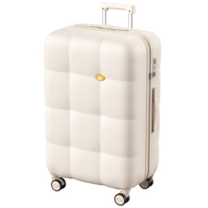 White suitcase with a visible brand logo on a white background