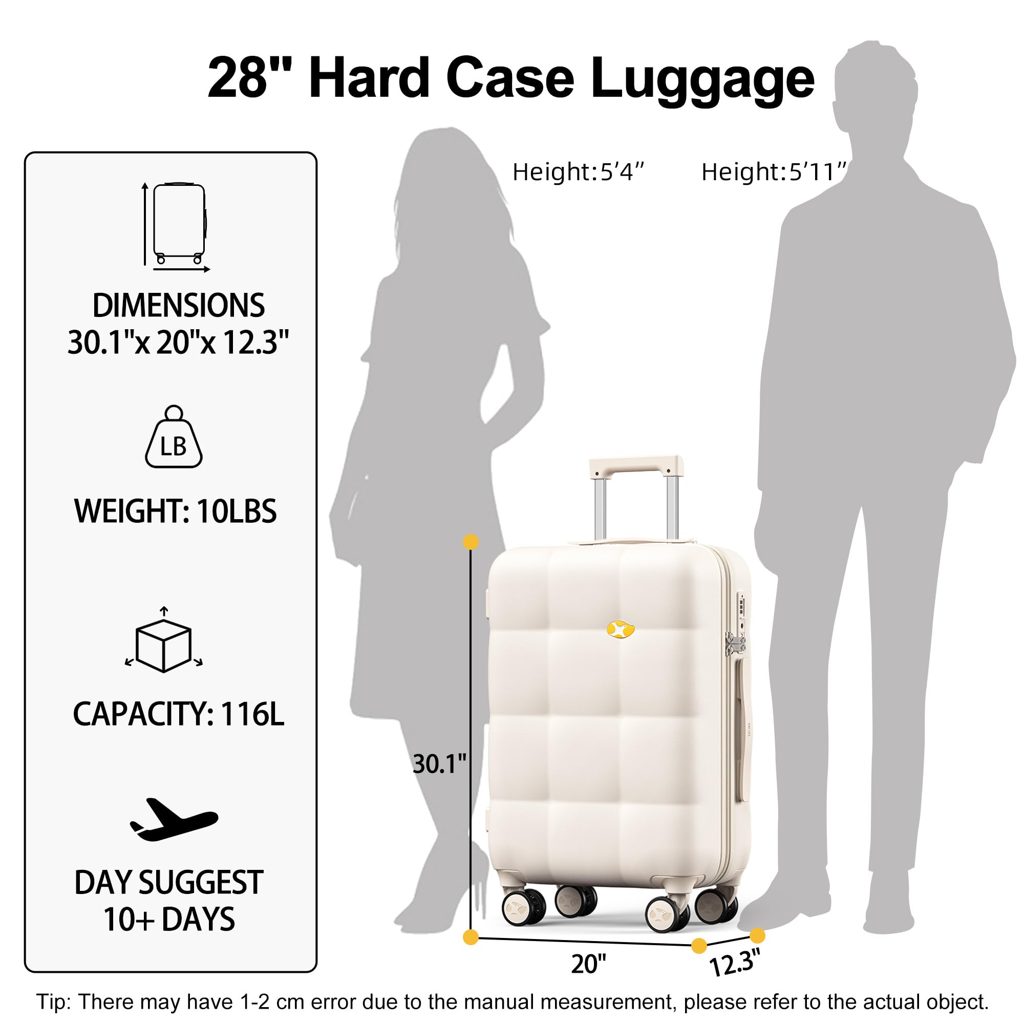 28-inch hard case luggage with dimensions, weight, capacity, and suggested usage duration displayed.