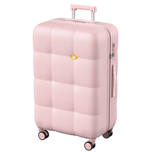 Pink suitcase with a visible brand logo on a white background