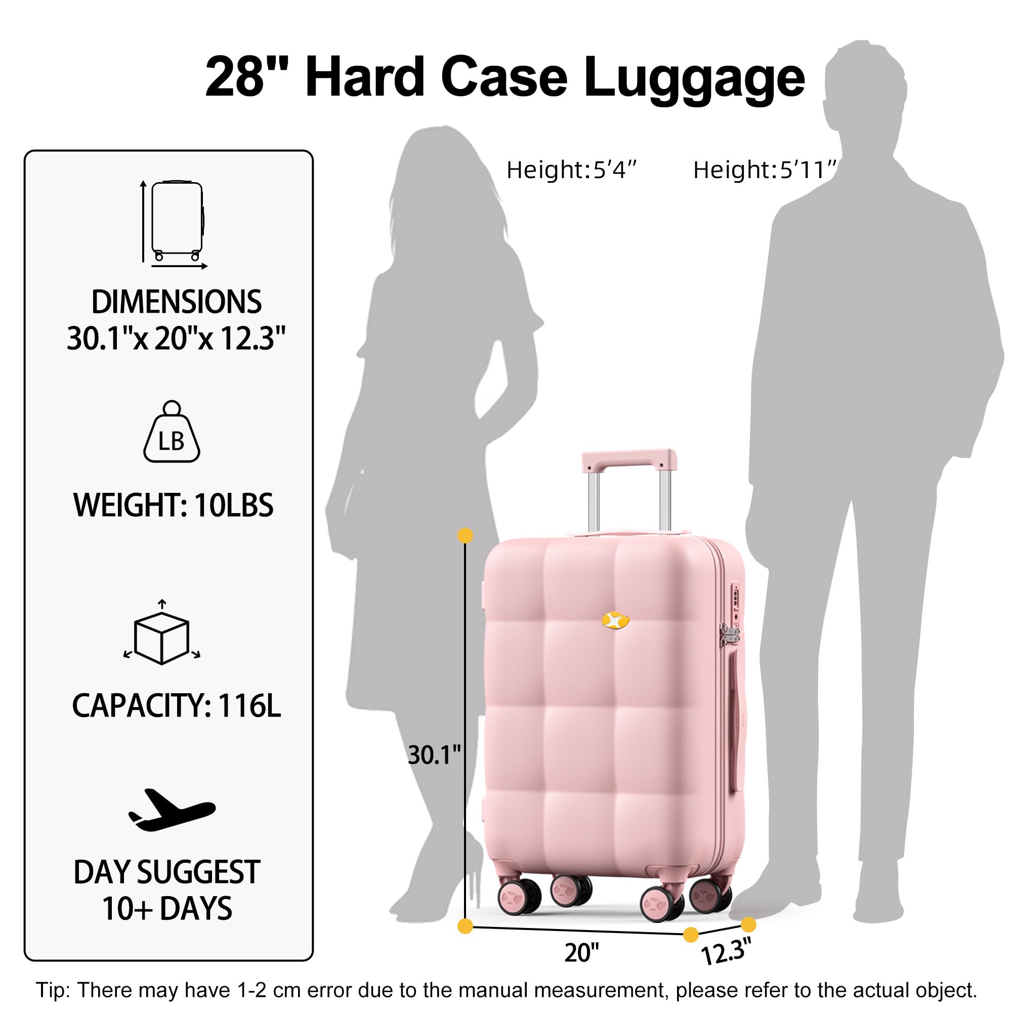 Pink hard case luggage with dimensions, weight, capacity, and height measurements shown.