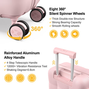 Pink suitcase with 360-degree spinner wheels and reinforced handle on a white background
