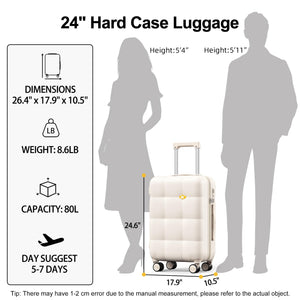 24-inch hard case luggage with dimensions, weight, capacity, and suggested usage duration displayed.