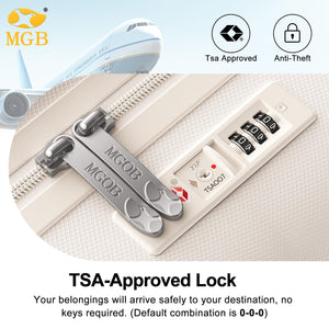 TSA-approved lock on a suitcase with MGB branding and TSA approval icons.
