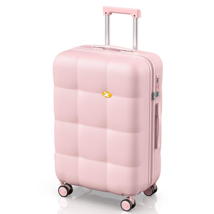 Pink suitcase with a visible brand logo on a white background